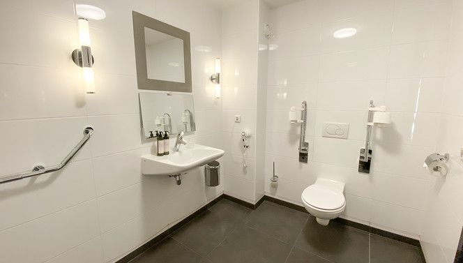 Aangepast toilet in de aangepaste badkamer van de Mindervalide hotelkamer